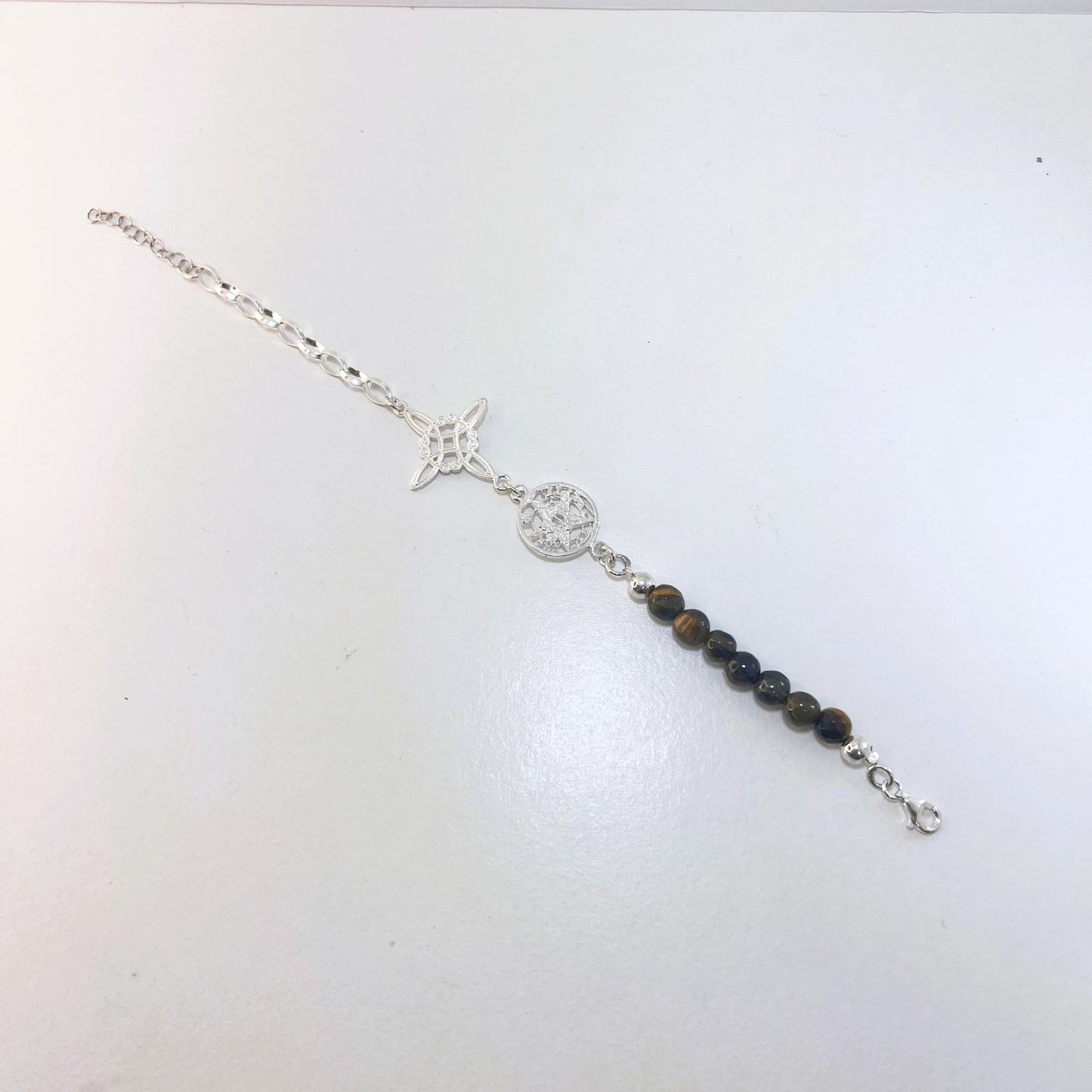 Plata - Pulsera con Nudo de Bruja, Tetragramatón y Ojo de Tigre