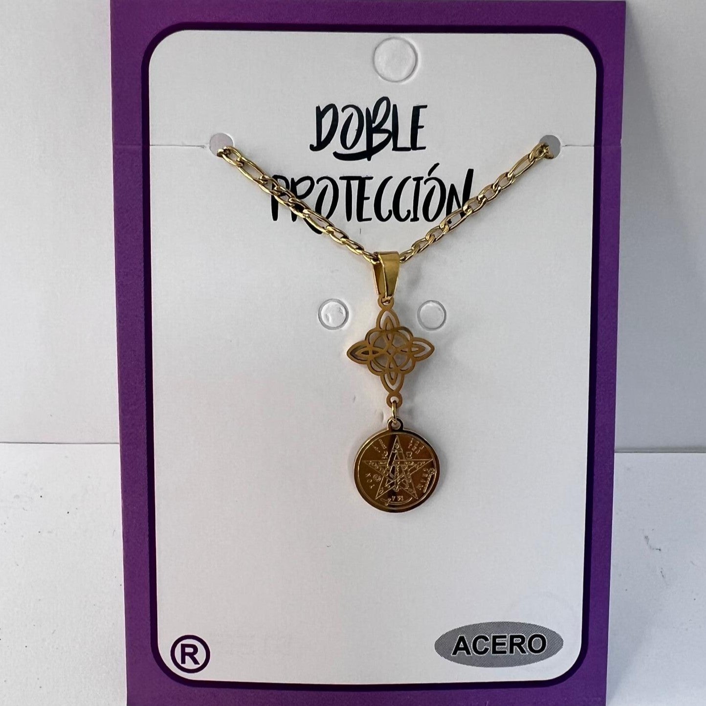 Collar - Acero Dorado Doble Protección ( Nudo Bruja y Tetragramatón)
