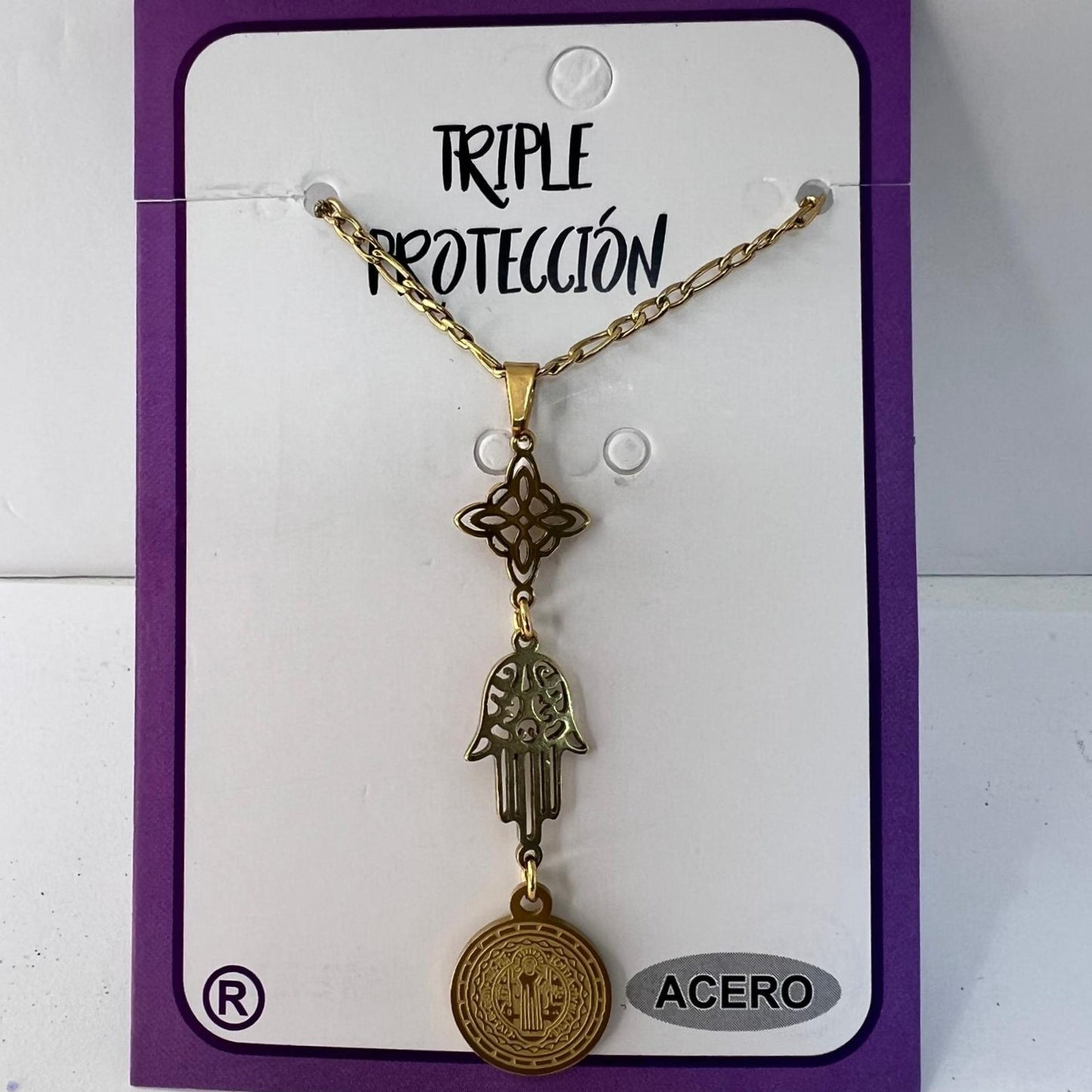 Collar - Acero Dorado Triple Protección ( Nudo de Bruja, Mano de Fátima y San Benito)
