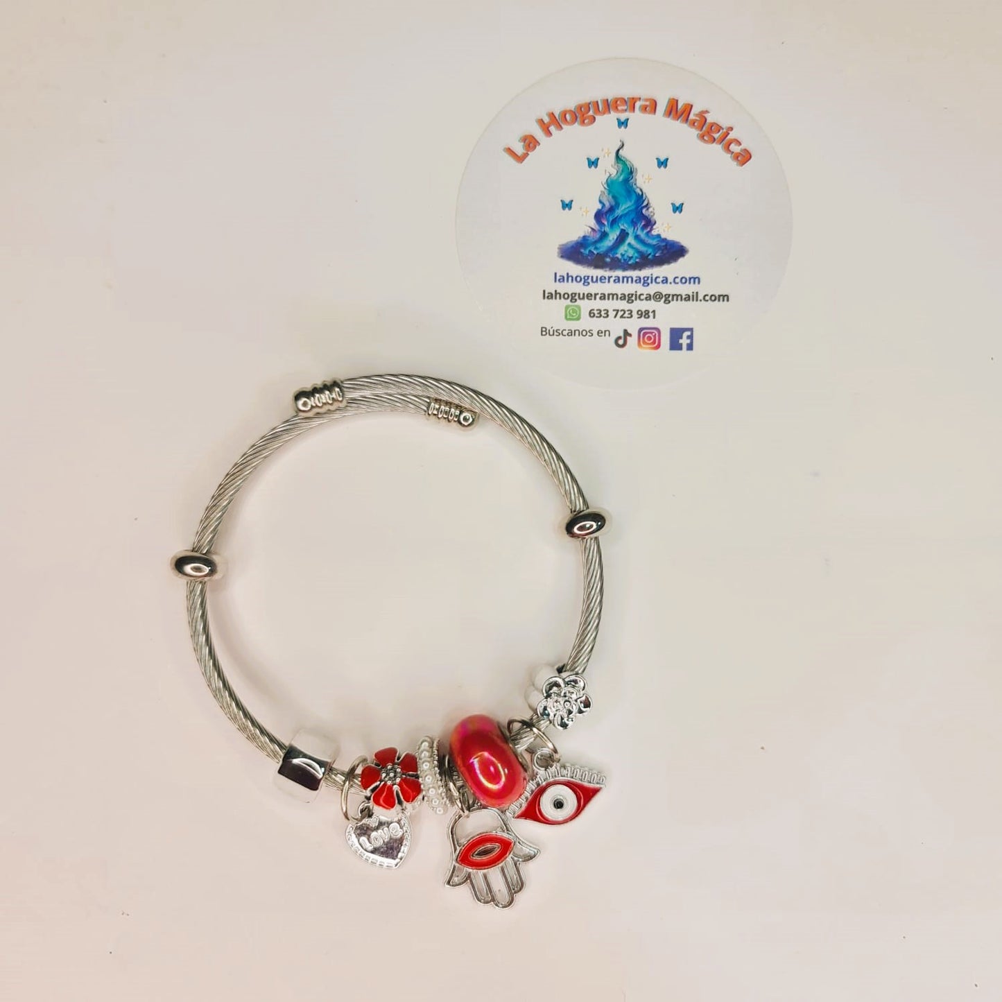 Pulsera Acero Rígida Mano Fátima y Ojo Turco Rojo