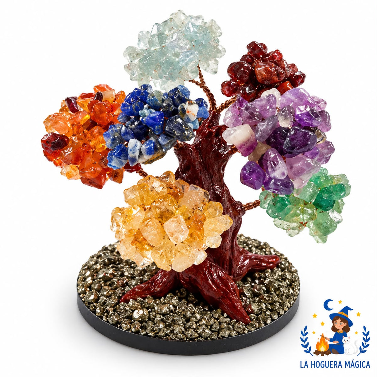 Árbol de los 7 Chakras con Minerales Naturales y Base de Pirita