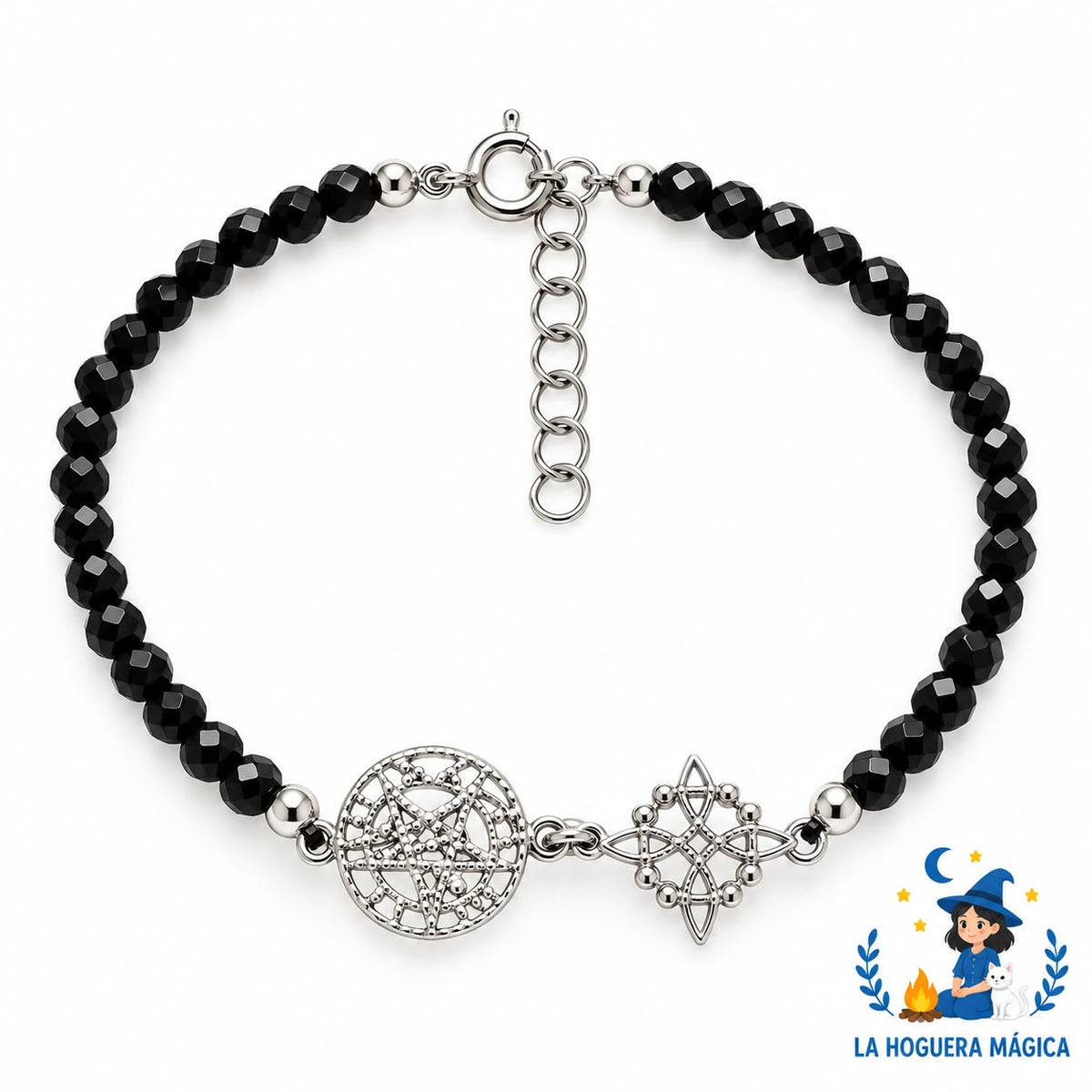 Plata - Pulsera de Turmalina Negra con Tetragrámaton y Nudo de Bruja