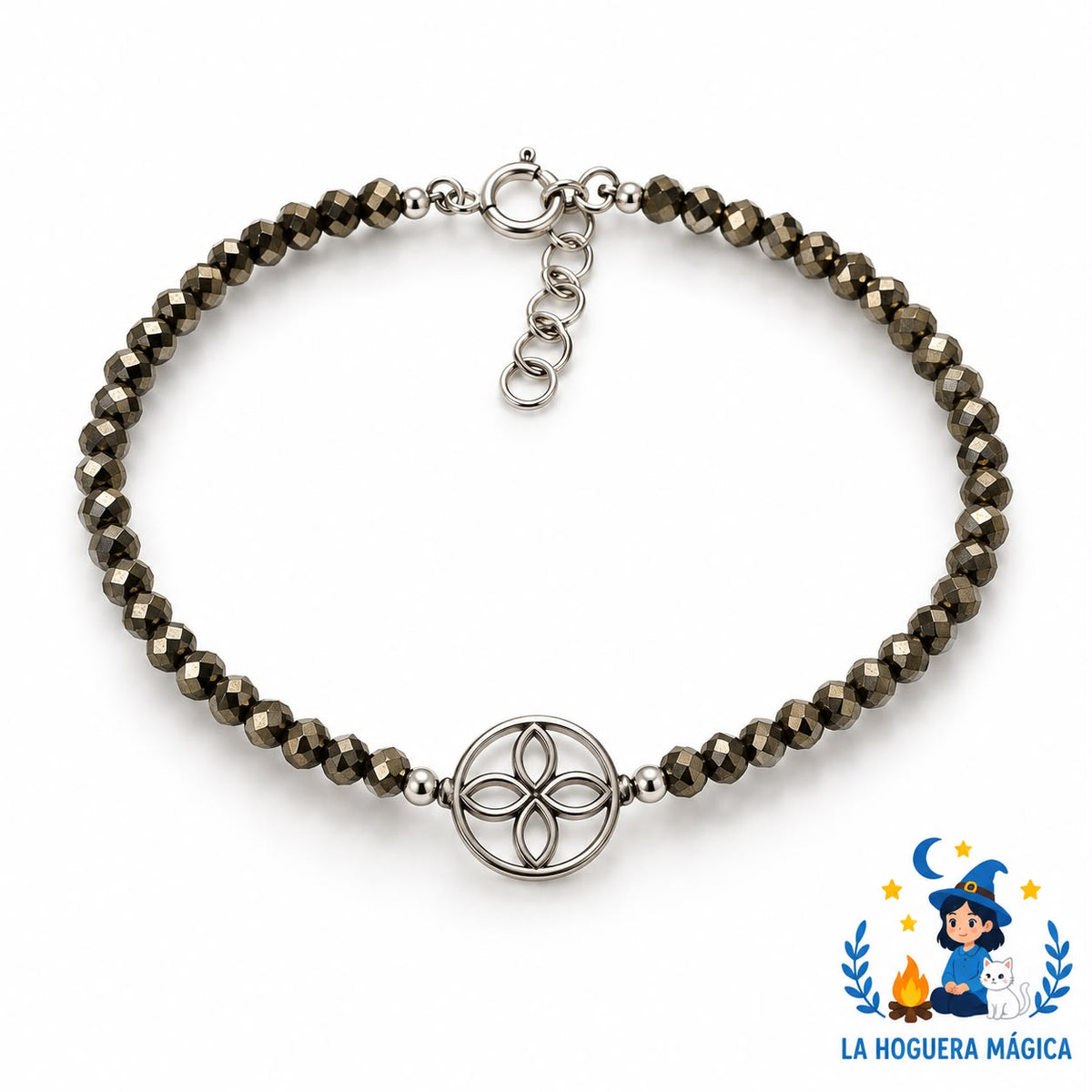 Plata - Pulsera de Pirita Facetada con Sigilo de la Abundancia