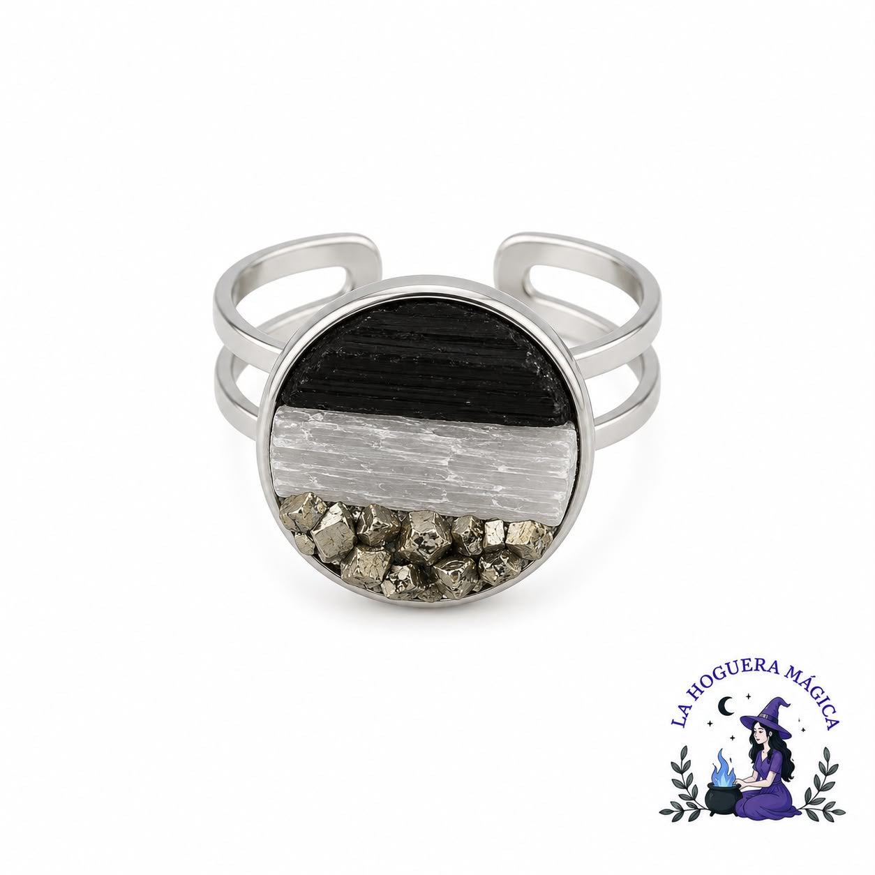 Anillo - Pirita, Selenita y Turmalina Negra