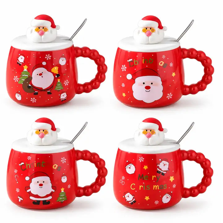 Navidad - Taza Navideña de Papá Noel con Tapa y Cucharita