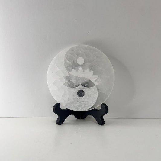 Selenita - Placa de Selenita con grabado de Ying Yang + Flor de Loto