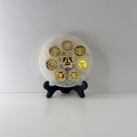 Selenita - Placa de Selenita de 7 Chakras Dorados