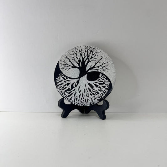 Selenita - Placa de Selenita de Ying Yang con Árbol de la Vida