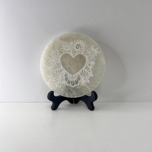 Selenita - Placa de Selenita de Mandala + Corazón Blanco