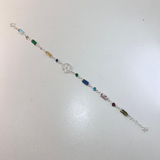 Plata - Pulsera con Tetragramatón y Cristales de Colores