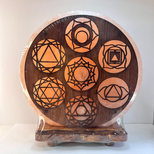 Lámpara - Sal Himalaya con 7 Chakras en madera (Grande)