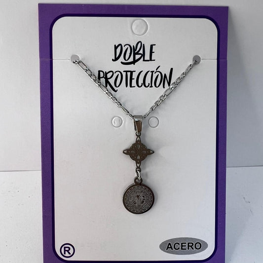 Collar - Acero Doble Protección ( Nudo Bruja y San Benito)