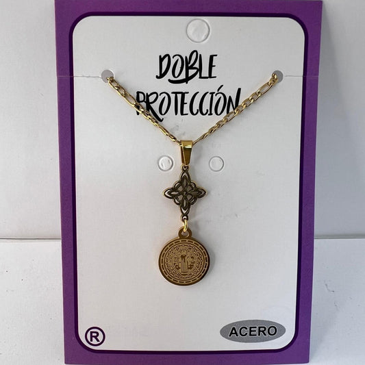 Collar - Acero Dorado Doble Protección ( Nudo Bruja y San Benito)