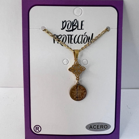 Collar - Acero Dorado  Doble Protección ( Nudo Bruja y Tetragramatón)