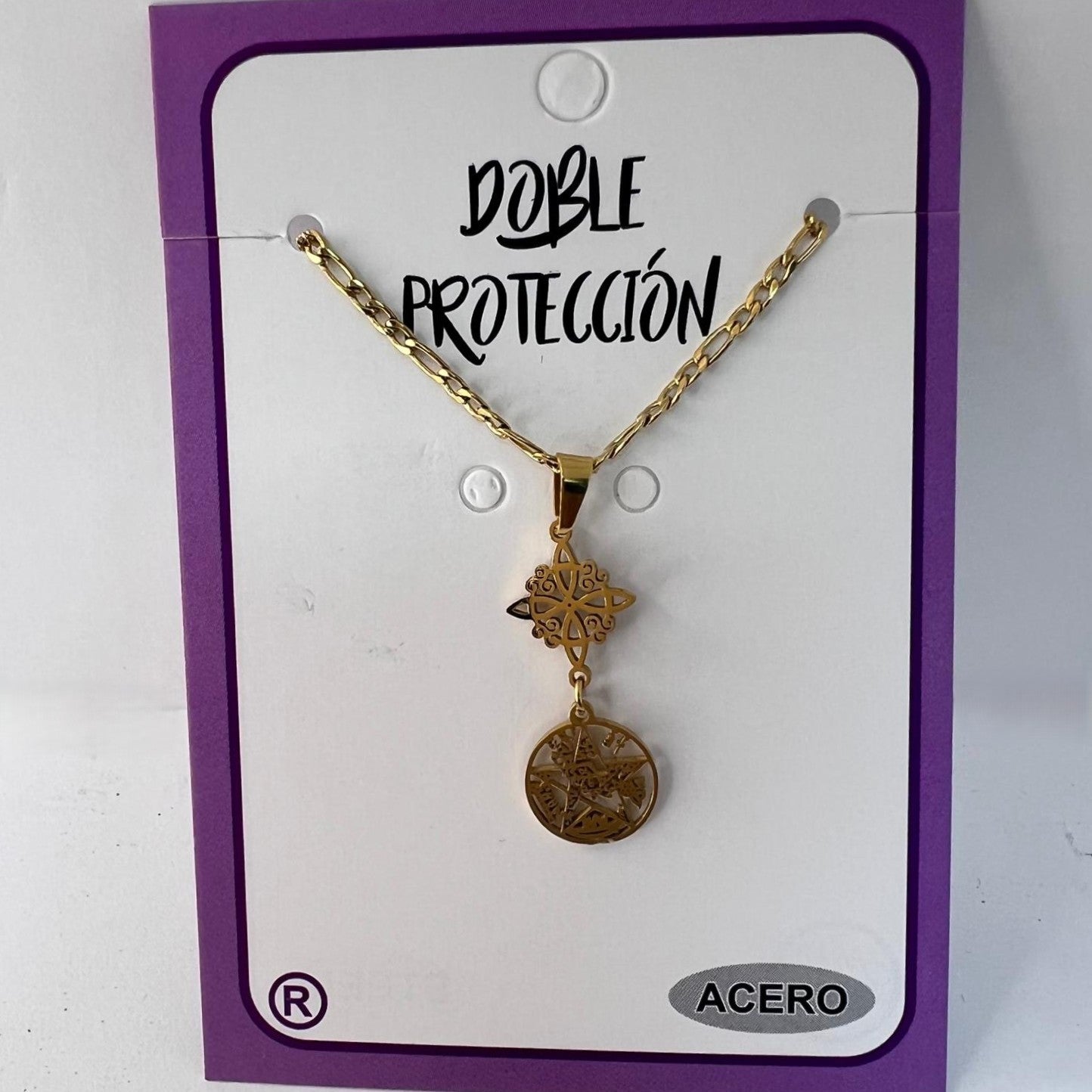 Collar - Acero Dorado  Doble Protección ( Nudo Bruja y Tetragramatón)