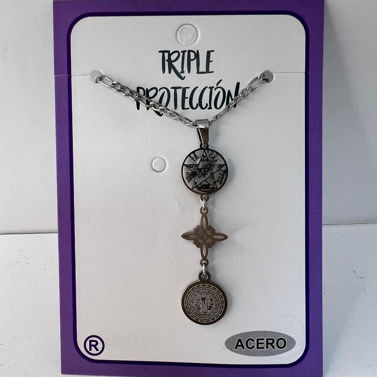 Collar - Acero Triple Protección ( Tetragramatón, Nudo de Bruja y San Benito)