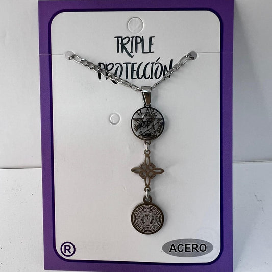 Collar - Acero Triple Protección ( Tetragramatón, Nudo de Bruja y San Benito)