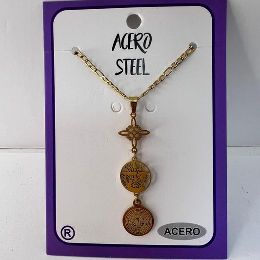 Collar - Acero Dorado Triple Protección ( Tetragramatón, Nudo de Bruja y San Benito)