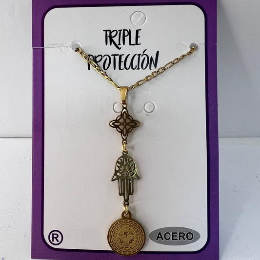 Collar - Acero Dorado Triple Protección ( Nudo de Bruja, Mano de Fátima y San Benito)