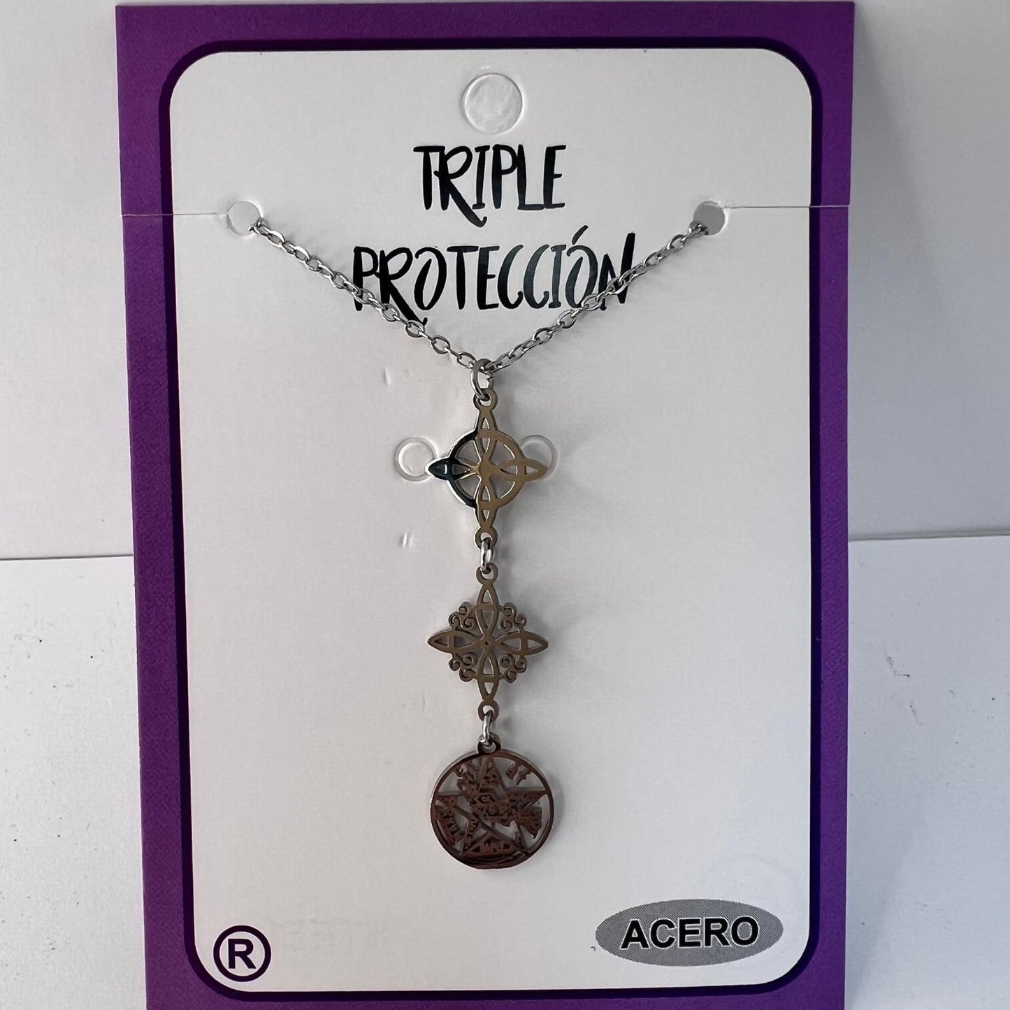 Collar - Acero Triple Protección ( Dos Nudos Bruja y Tetragramatón)