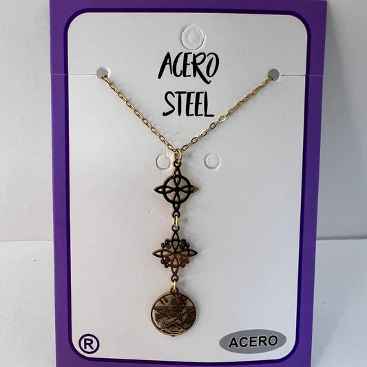 Collar - Acero Dorado Triple Protección ( Dos Nudos Bruja y Tetragramatón)