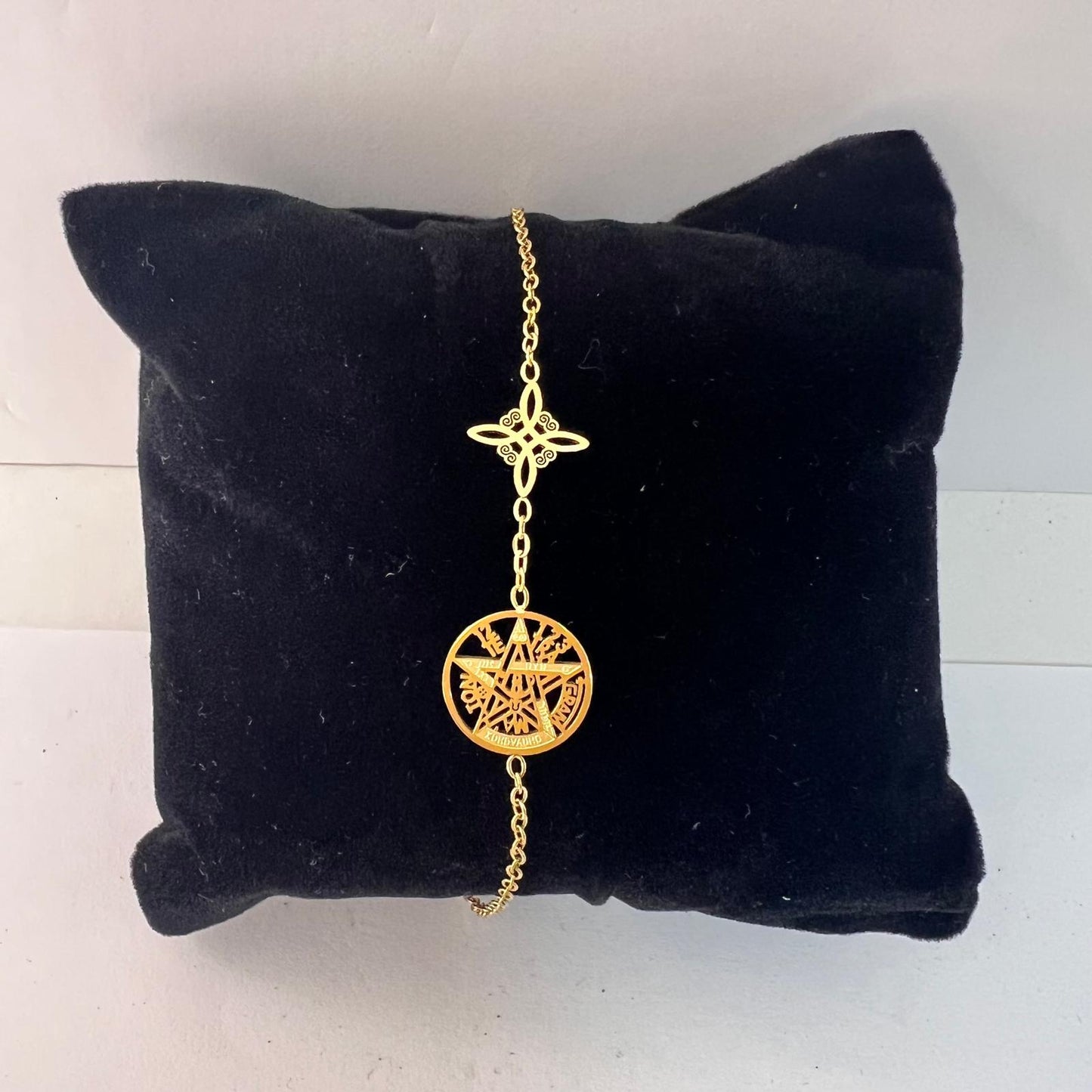 Pulsera - Acero Dorado Doble Protección (Nudo Bruja y Tetragramatón)