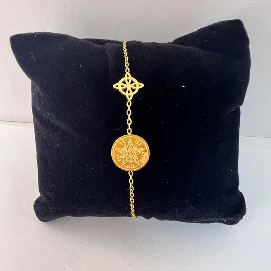 Pulsera - Acero Dorado Doble Protección (Nudo Bruja y Tetragramatón)