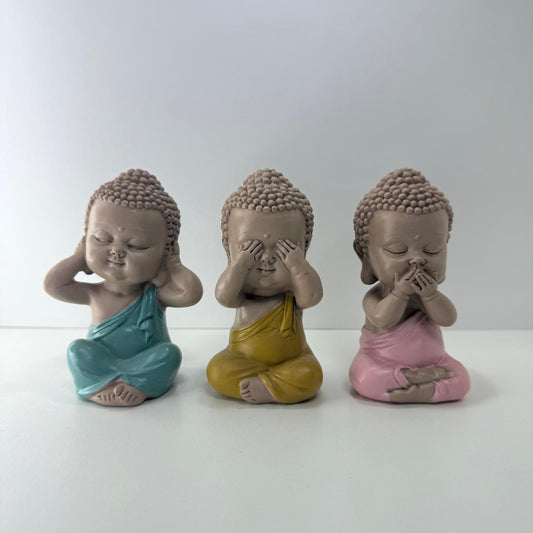Figura - 3 Buditas de Oír, Ver y Callar (Azul, Amarillo y Rosa)