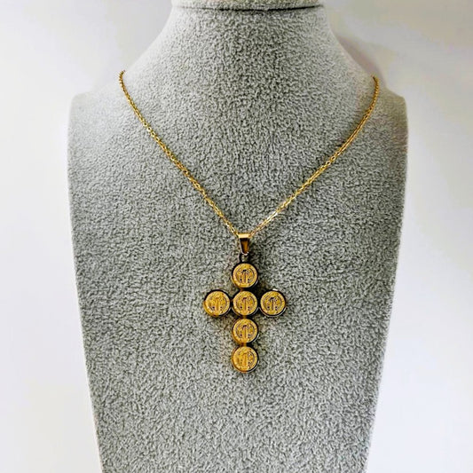 Collar - Acero Dorado Cruz Medallitas San Benito
