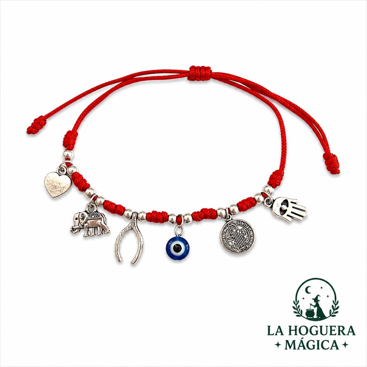 Pulsera - 7 Nudos Roja con Amuletos Protectores
