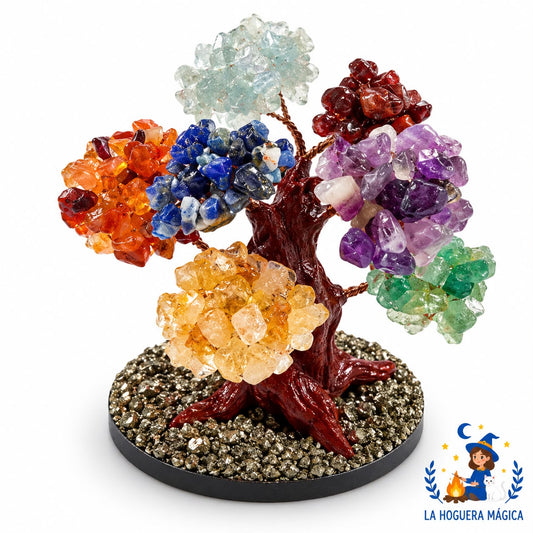 Árbol de los 7 Chakras con Minerales Naturales y Base de Pirita