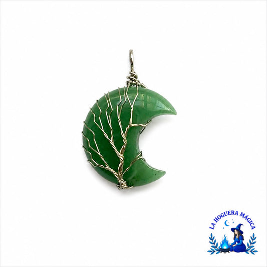 Colgante - Luna Aventurina Verde  Engarzada Árbol de la Vida