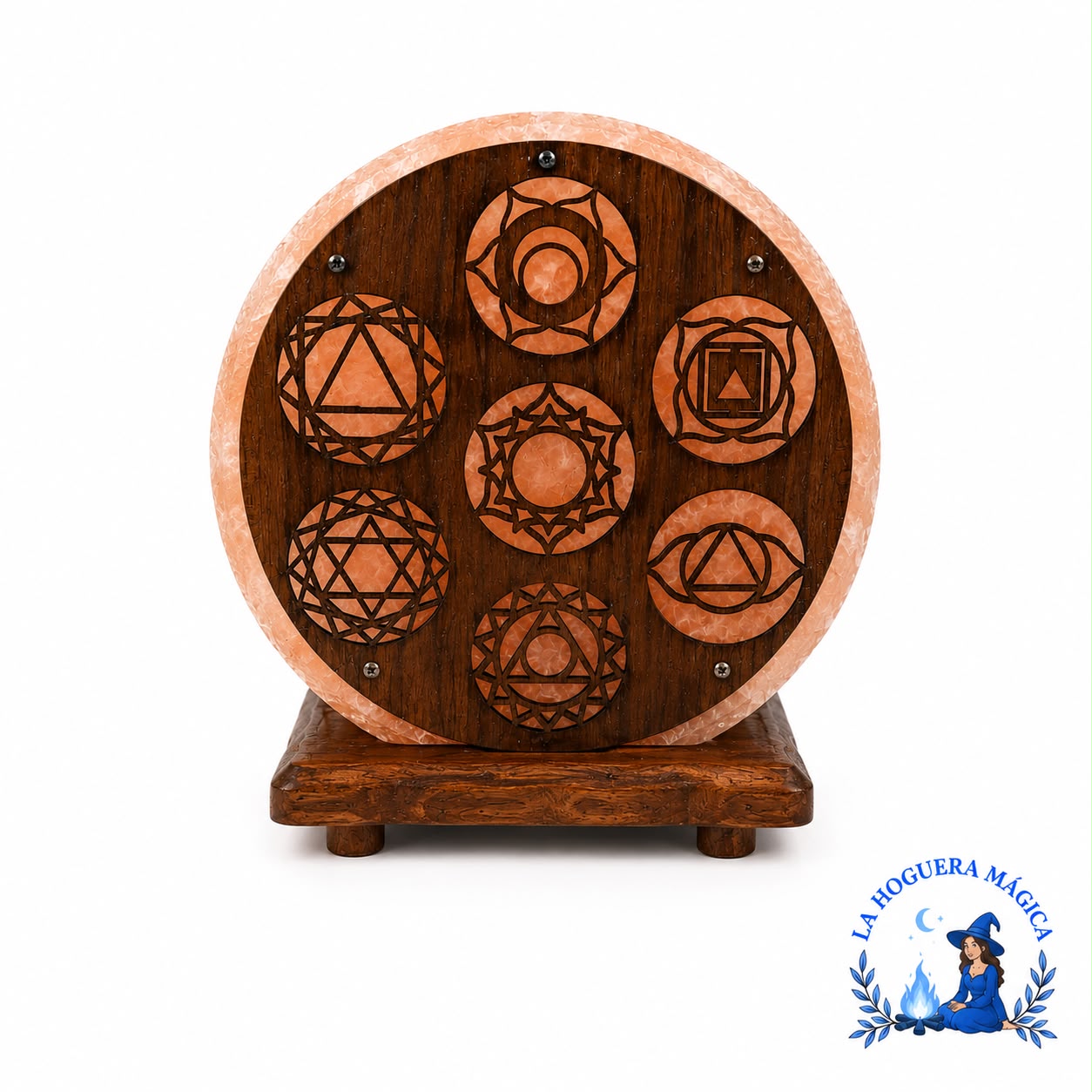 Lampe - Himalaya-Salz mit 7 Chakren in Holz (Groß)